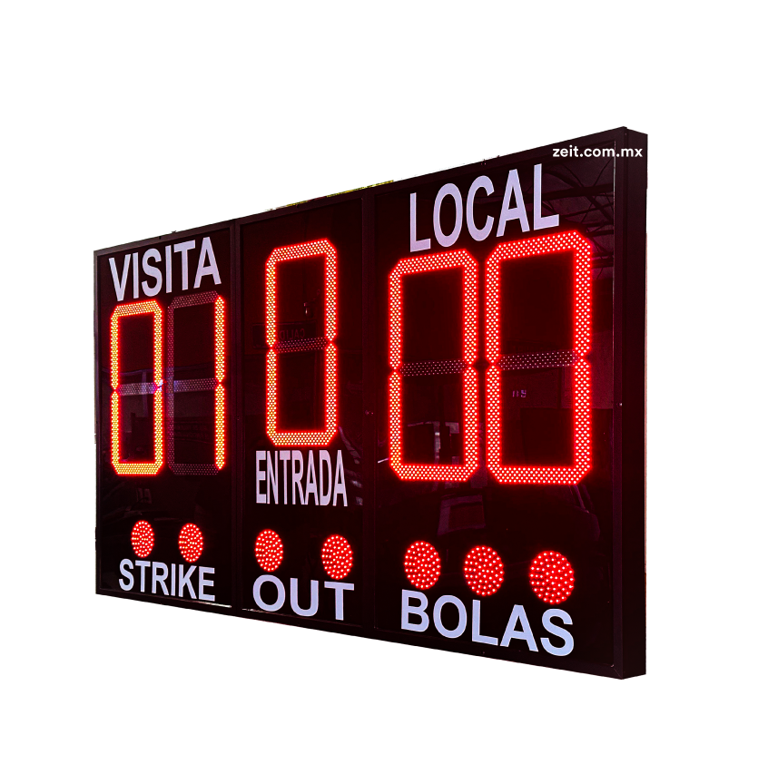 Tablero marcador para el deporte de besibol, es elaborado por zeit empresa especialista en productos led ubicada en monterrey nuevo león.