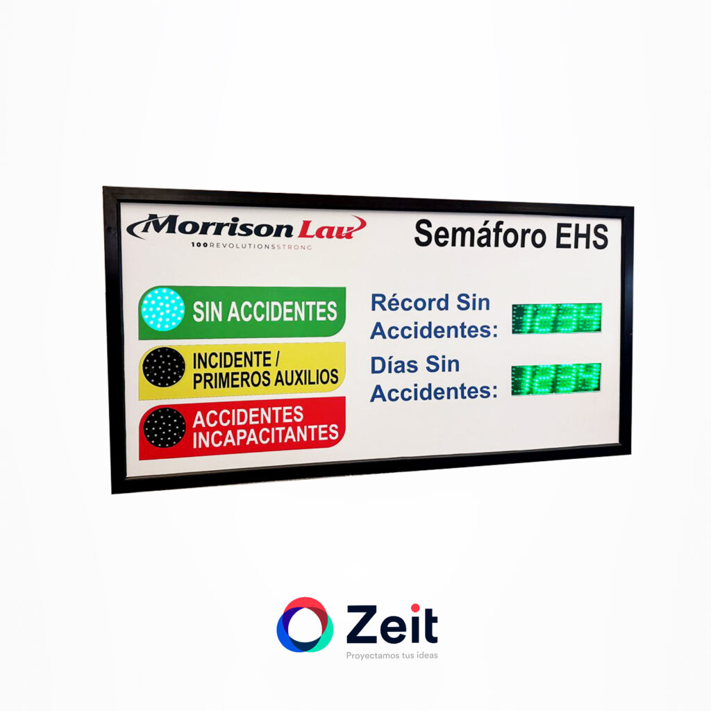 Tablero de seguridad de Zeit, una empresa que se dedica a vender soluciones para industrias a base de LEDS.
Estos proyectos pueden ser personalizados para cada industria.